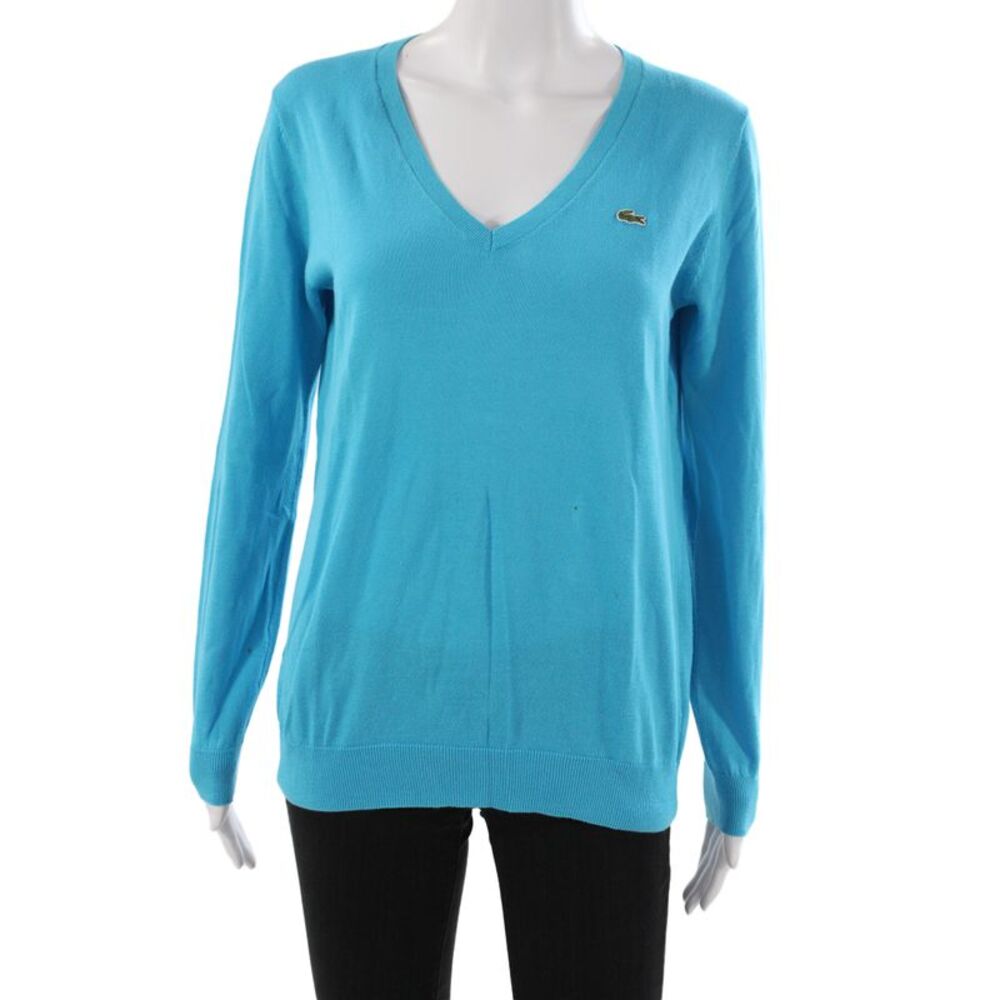 Lacoste Womens V-Neck Long Sleeve Cotton Pullover Sweater Blue Size 38